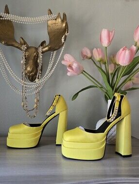 Yellow Platform Mary Jane High Heels with Embellished Strap
